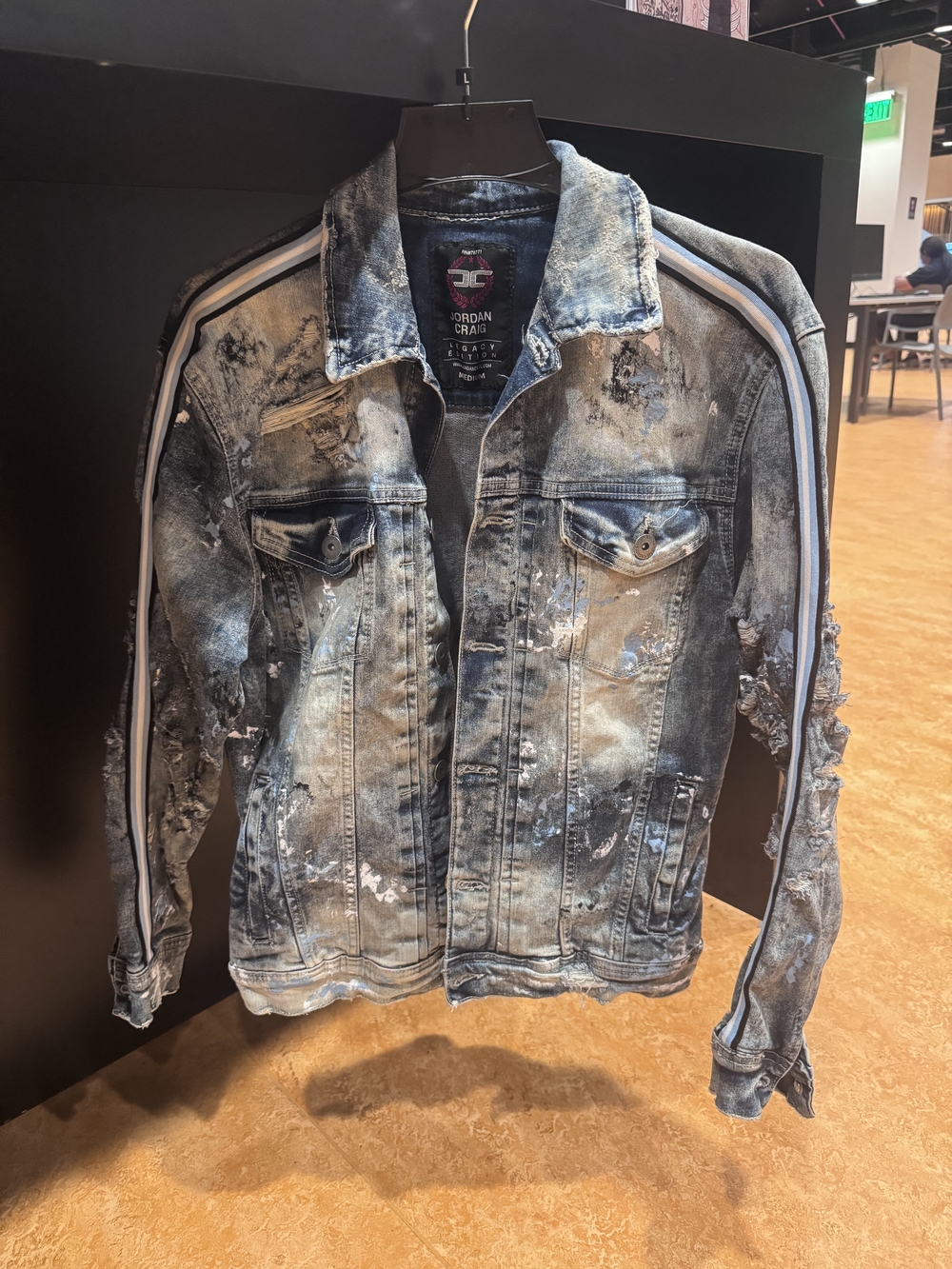 Jordan Craig Distressed Blue Wash Denim Jacket with Stripe